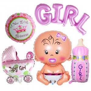 Růžová sada pěti různých balónků k narození děvčátka