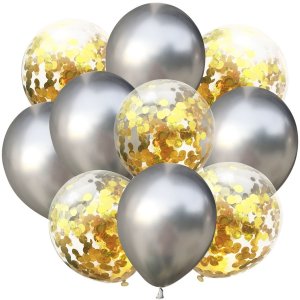 Sada 10ti stříbrných metalických a transparentních balónků se zlatými konfetami