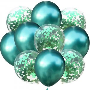 Sada 10ti zelených metalických a transparentních balónků se zelenými konfetami