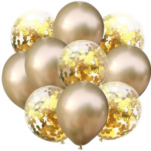 Sada 10ti zlatých metalických a transparentních balónků se zlatými konfetami