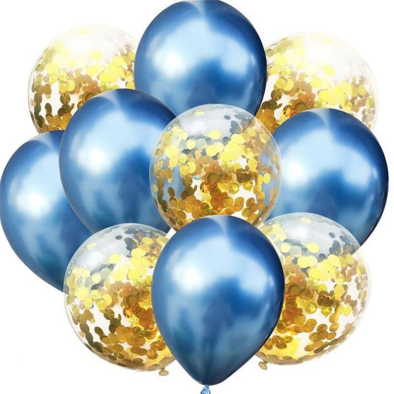 Sada 10ti modrých metalických a transparentních balónků se zlatými konfetami