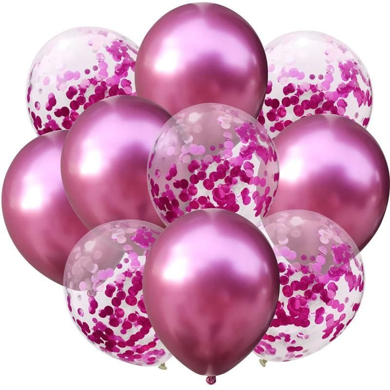 Sada 10ti růžových metalických a transparentních balónků s růžovými konfetami