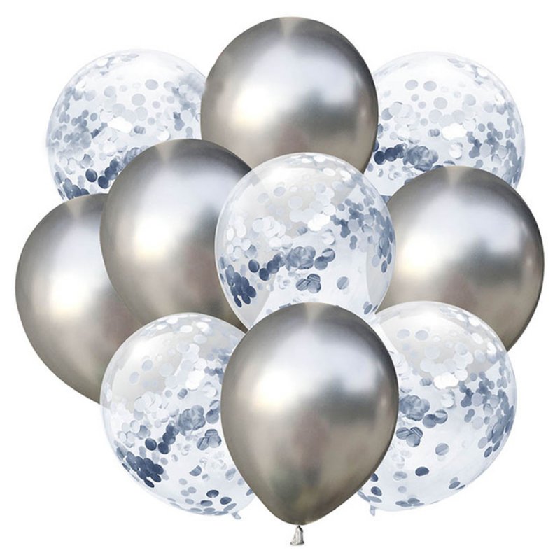Sada 10ti stříbrných metalických a transparentních balónků se stříbrnými konfetami