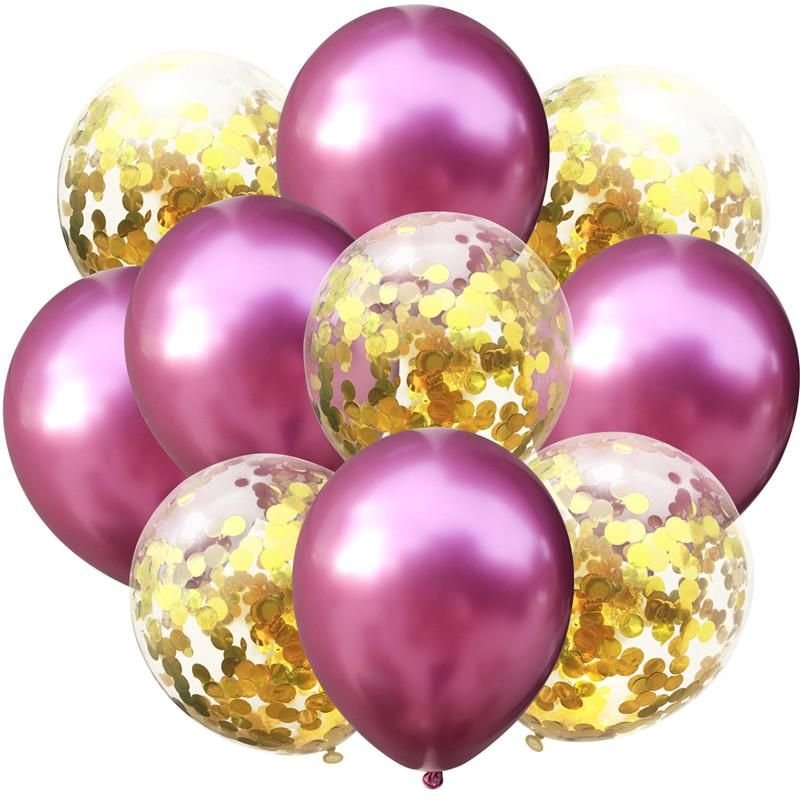 Sada 10ti růžových metalických a transparentních balónků se zlatými konfetami